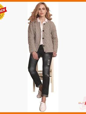 Merino Wool Cable Knit Cardigan, Irish Aran Stitching, Button Front